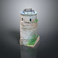 Ancient Stone Tower Scenery With Windows Battlements Green Grass At Base And Dark Background