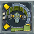 Cartoon Mechanical Sci Fi Scene With Circular Green Panels Yellow Consoles Blue Pathway Warning Stripes