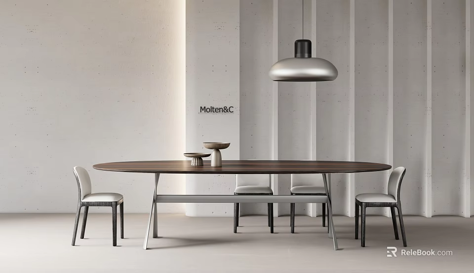 Sleek Oval Wooden Dining Table and Chairs Set with Metal Frame and Hanging Pendant Light 3d model 