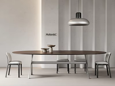 Sleek Oval Wooden Dining Table and Chairs Set with Metal Frame and Hanging Pendant Light 3d model