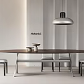 Sleek Oval Wooden Dining Table and Chairs Set with Metal Frame and Hanging Pendant Light