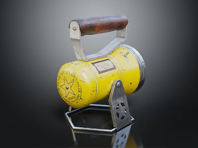 Vintage Yellow Equipment With Wooden Handle And Metal Frame Stand Base 3d model