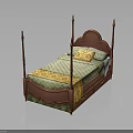 People Resting On Red Wooden Four Poster Bed With Green Checkered Mattress And Yellow Pillow