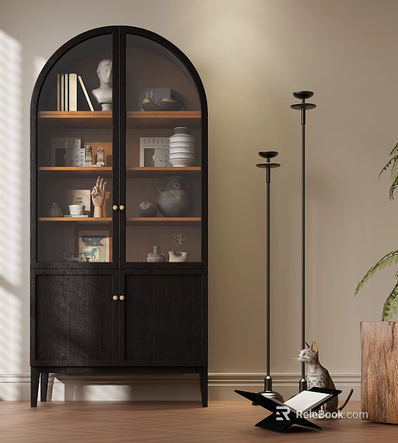 Modern Black Wooden Bookcase With Glass Doors Books Ceramic Decor Plates And Floor Lamp Plant 3d model 