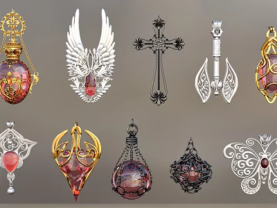 Exquisite Jewelry Pendants With Various Ornate Designs Including Wing Cross Butterfly Shapes And Red Gems 3d model