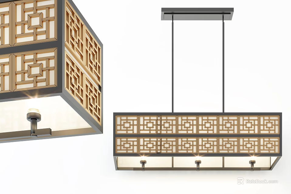 Classic Chinese Style Pendant Light With Lattice Pattern And Light Shade Design 3d model