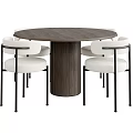Modern Round Dining Table Set With Wooden Tabletop And White Upholstered Chairs With Black Metal Frames