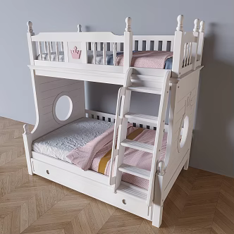 Solid Wood Cream Upper and Lower Bed Children's High and Low Bunk Bed 3d model