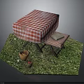 Outdoor Grass Setting With Red White Checkered Table Bench And Fruit Baskets