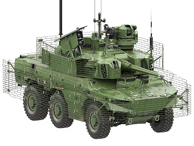 Green Military Tank With Multiple Wheels Protective Netting And Top Equipment 3d model