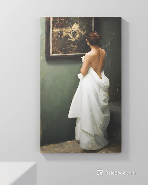 Figurative Painting of Woman in White Gown Viewing Artwork on Green Wall from Behind 3d model 
