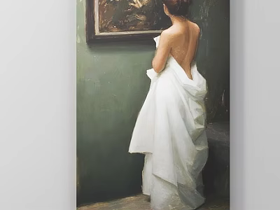 Figurative Painting of Woman in White Gown Viewing Artwork on Green Wall from Behind 3d model