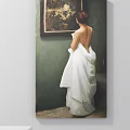 Figurative Painting of Woman in White Gown Viewing Artwork on Green Wall from Behind