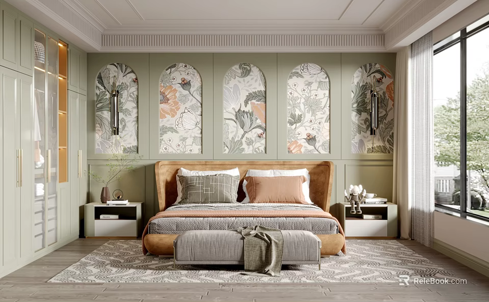 Elegant Bedroom Interior With Tufted Headboard Floral Wallpaper Nightstands And Area Rug 3d model 
