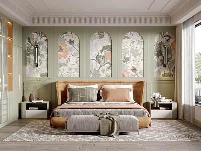 Elegant Bedroom Interior With Tufted Headboard Floral Wallpaper Nightstands And Area Rug 3d model