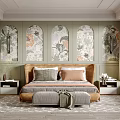 Elegant Bedroom Interior With Tufted Headboard Floral Wallpaper Nightstands And Area Rug