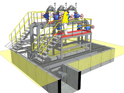 Industrial Equipment With Multiple Valves Pipes Yellow Railings And Platform Structure 3d model