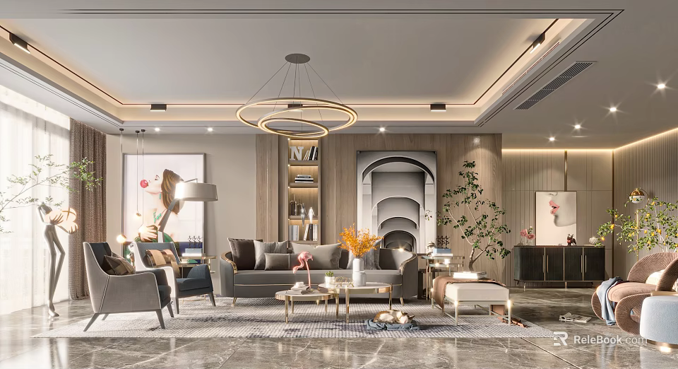 Modern Living Room Interior Design With Circular Chandeliers Sofa Bookshelf And Plants 3d model 