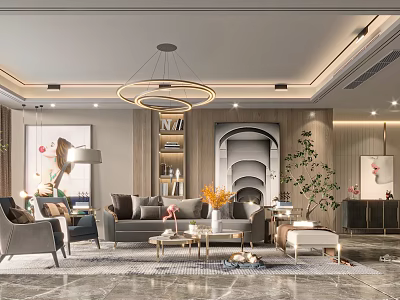 Modern Living Room Interior Design With Circular Chandeliers Sofa Bookshelf And Plants 3d model