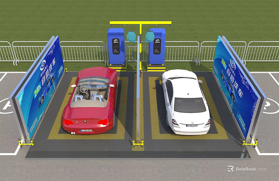 Commercial Equipment for Car Parking With Two Lanes Blue Machines Advertising Boards And Yellow Floor 3d model 