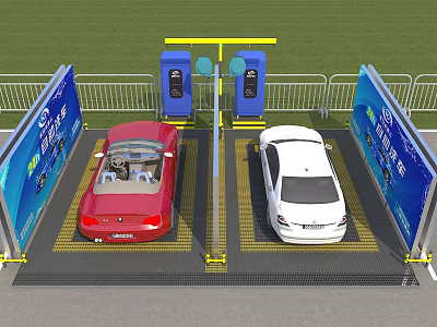 Commercial Equipment for Car Parking With Two Lanes Blue Machines Advertising Boards And Yellow Floor 3d model