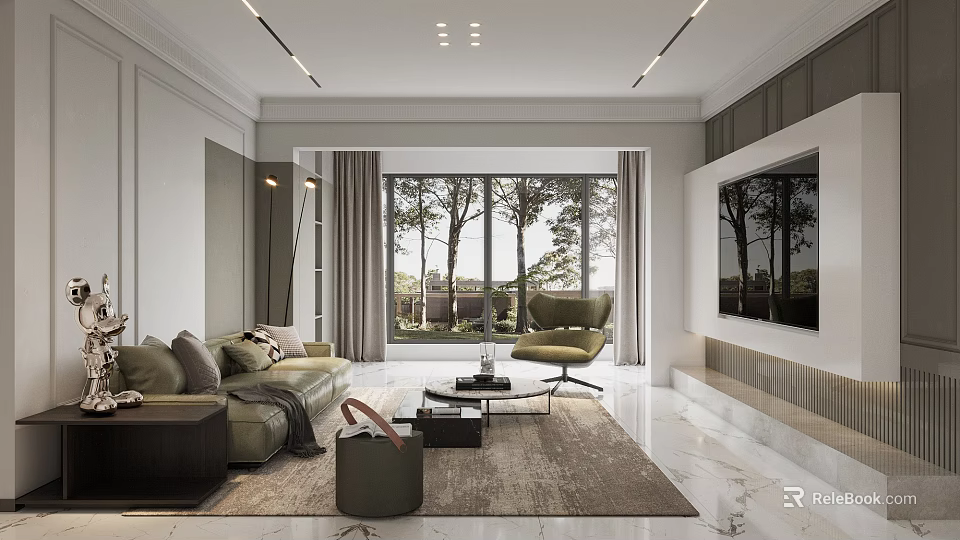 Modern Living Dining Area Interior With Floor to Ceiling Windows TV Wall and Natural View 3d model 