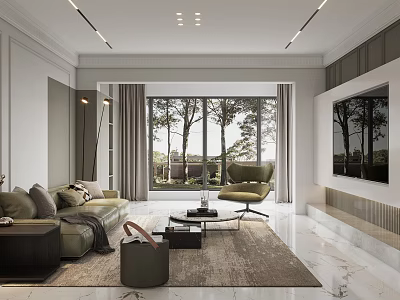 Modern Living Dining Area Interior With Floor to Ceiling Windows TV Wall and Natural View 3d model