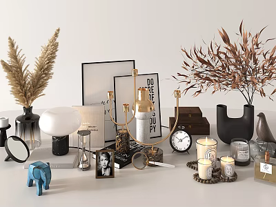 Elegant Decorative Ornament Set with Dried Pampas Grass Frames Vases and Candle Holders 3d model