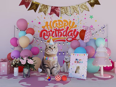 Colorful Birthday Party Scene With Cat In Hat Balloons Gifts And Decorations 3d model