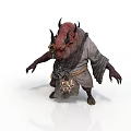 Mythical Fantasy Animal With Red Horned Head Tattered Clothing And Sharp Claws Standing