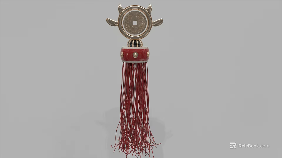 Metal Circular Decorative Ornament Set with Red Tassel and Leather Accents 3d model 