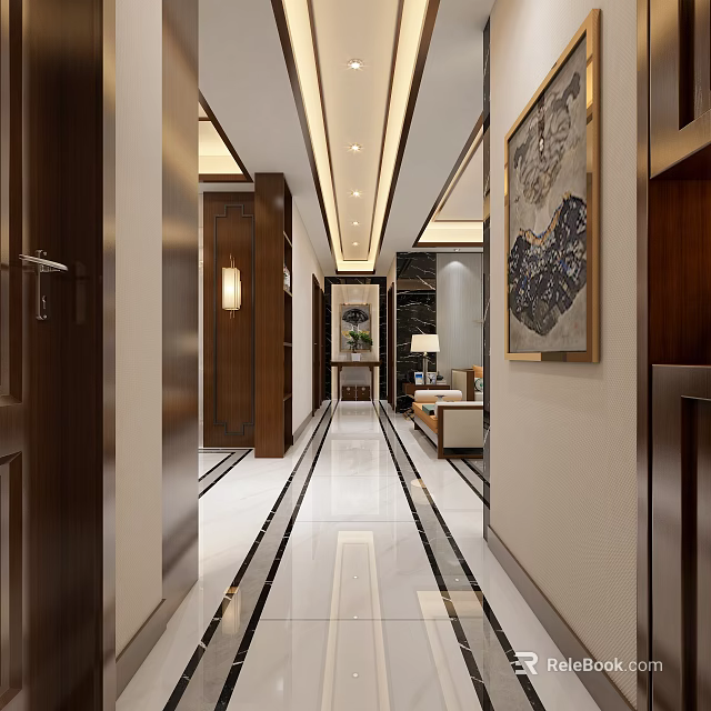 Modern Living Dining Room Interior With Wooden Decor Large Artwork And Lighting Design 3d model 