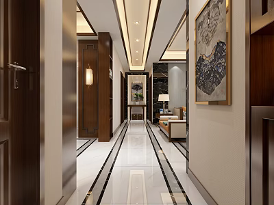 Modern Living Dining Room Interior With Wooden Decor Large Artwork And Lighting Design 3d model