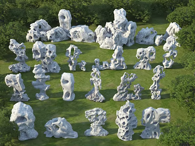 Various Unique Shaped White Stones Scattered On Green Grass With Trees 3d model