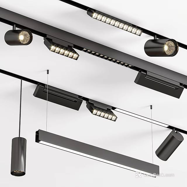 Black Track Mounted Downlights And Spotlights For Modern Interior Lighting 3d model 