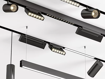 Black Track Mounted Downlights And Spotlights For Modern Interior Lighting 3d model