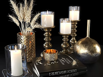 Elegant Decorative Ornament Set With Golden Candle Holders Wheat Stems And Stacked Books 3d model