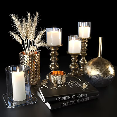 Elegant Decorative Ornament Set With Golden Candle Holders Wheat Stems And Stacked Books 3d model