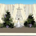 Wedding Decorative Ornament Set with Beige Curtains and Flowers Decorations on Stage