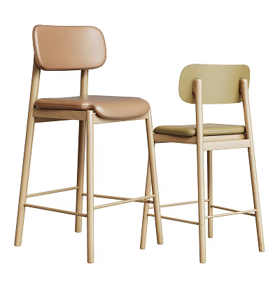 Modern Wooden Frame Bar Stools With Brown Leather And Light Green Seats 3d model