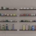 Various Colorful Cups Displayed On Multiple Wooden Shelves For Kitchen Storage