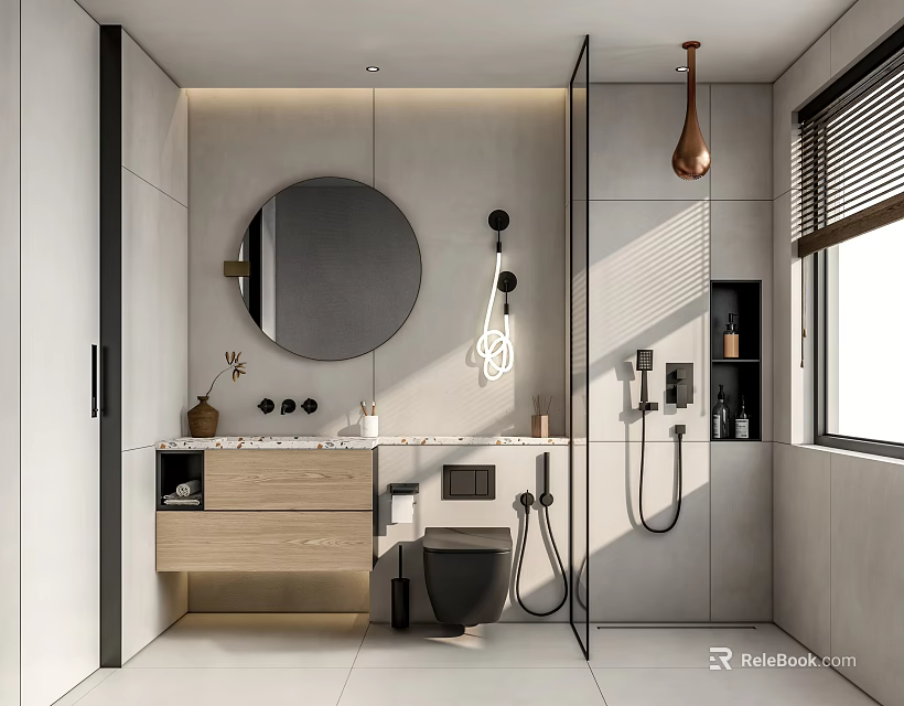 Modern Minimalist Bathroom Interior With Round Mirror Wooden Vanity Marble Countertop And Glass Partition 3d model 