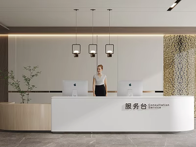 Modern Reception Desk With Female Receptionist White Counter Hanging Lights Green Plant And Decorative Wall 3d model
