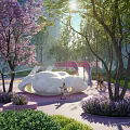 Serene Garden Landscape with Stone Path Lined by Trees Planters Sunlight and Person Walking