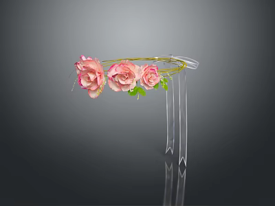 Pink Roses With Green Leaves Placed On Transparent Acrylic Stand 3d model