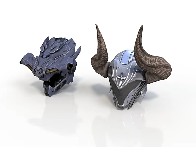 Fantasy Armor Helmets With Spiked Design And Horned Metallic Finish On White Background 3d model