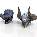 Fantasy Armor Helmets With Spiked Design And Horned Metallic Finish On White Background