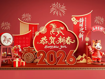 Chinese New Year 2026 Photo Spot With Red Decorations Fireworks And Lucky Mascots 3d model