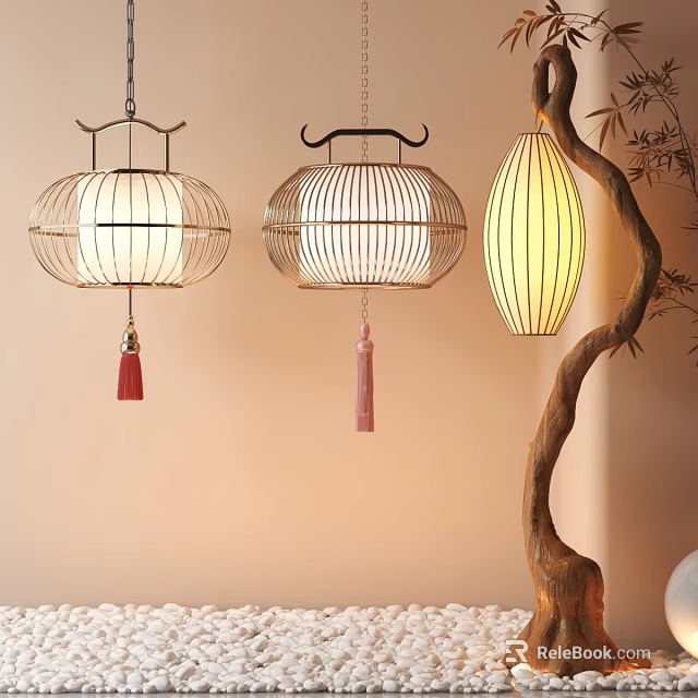 Chinese Style Decorative Hanging Lamp Combination With Bamboo Frame Tassels And Shapes 3d model 