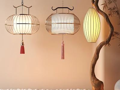 Chinese Style Decorative Hanging Lamp Combination With Bamboo Frame Tassels And Shapes 3d model